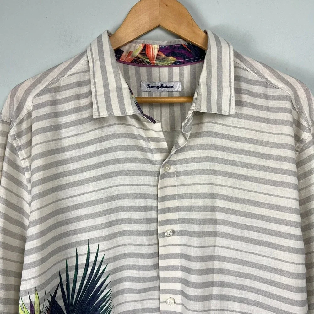 Tommy Bahama Men XXL Striped Tropical Floral Linen Blend Button Down Shirt Aloha